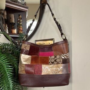Coach Genuine Leather Patchwork Multicolor Shoulder Bag Signature C Metallic